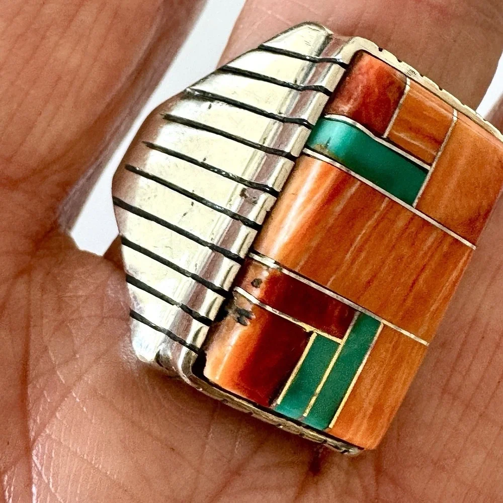 Turquoise Multi Stone Inlay Mens Ring Sz‎ 12 Navajo Sterling Signed T Jack 25mm